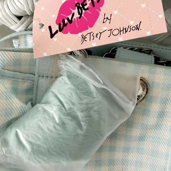 Betsey Johnson Luv Betsey Light Blue Gingham Ruffle Shoulder Bag Heart Sharm NWT - Picture 7 of 16